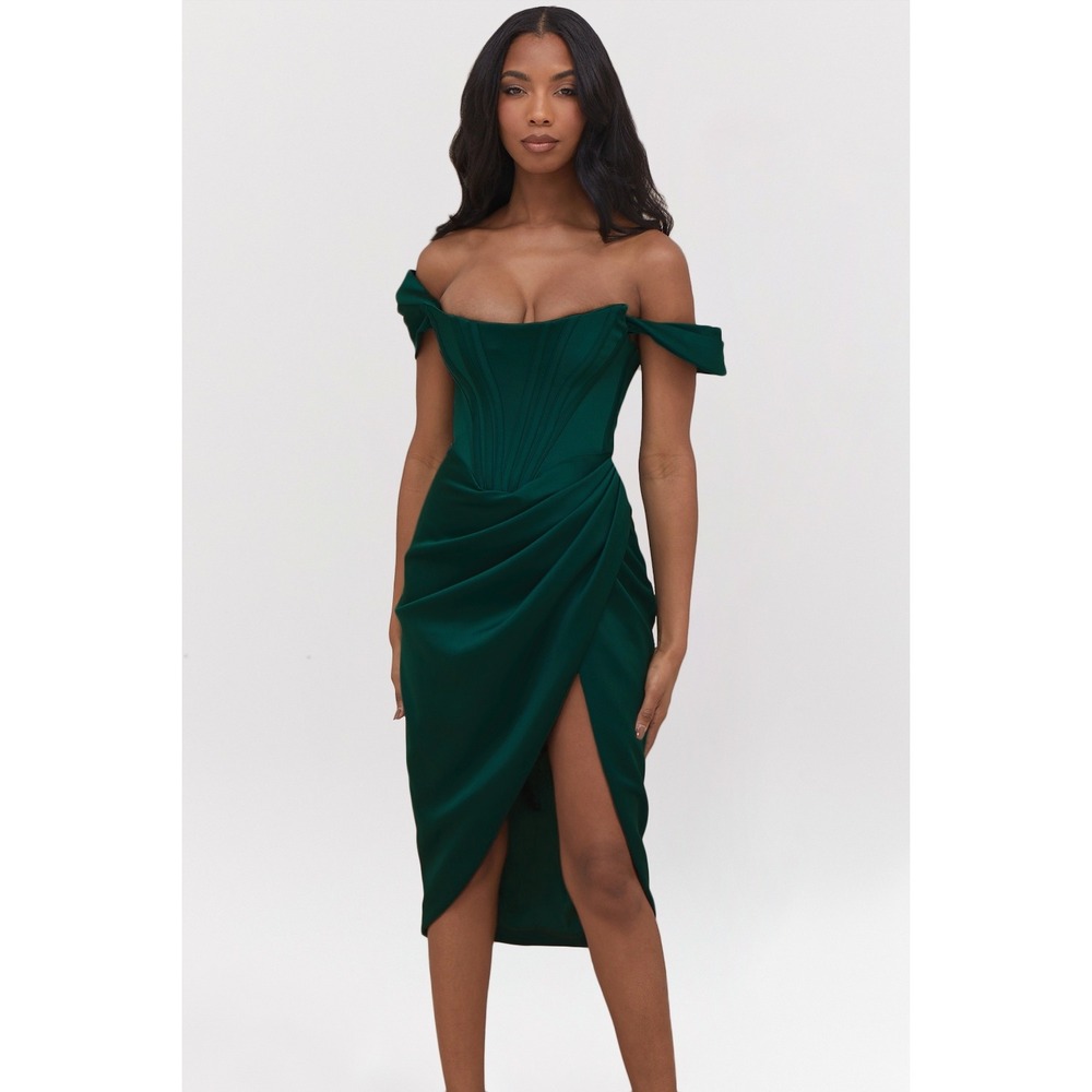 House of CB Loretta Emerald Green Satin Corset Off Shoulder Midi Dress S - Picture 4 of 14